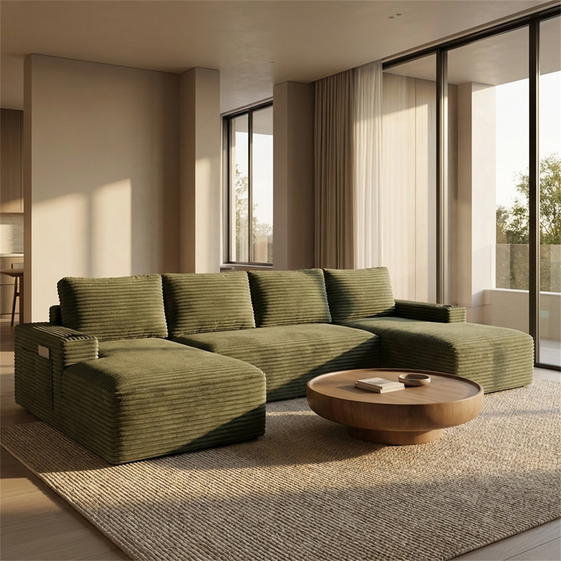 Ensemble de canapé modulaire compressible en velours côtelé, style minimaliste en forme de U, convenant aux salons, Vert