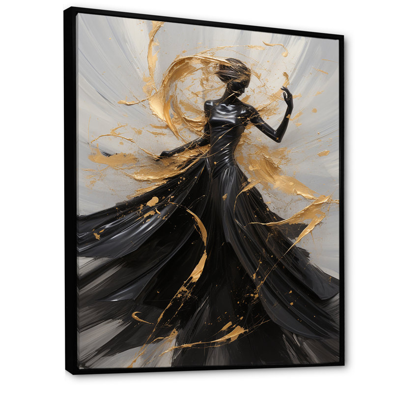 Or et noir Dance Splash III - art encadré de danse, Cadre flottant noir, H 32 po x l 24 po x P 1 po