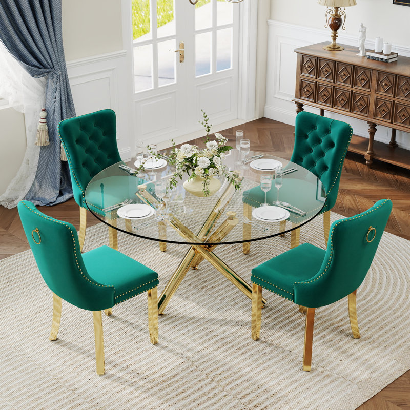 Ensemble de salle à manger à piédestal rond 5 pièces avec chaise capitonnée en velours pour salle à manger et salon, Vert