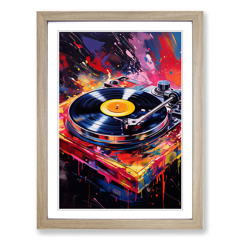 Record Player Action Painting No.2 - Single Picture Frame Print on Wood, Oak, 34cm H x 25cm W x 2cm D
