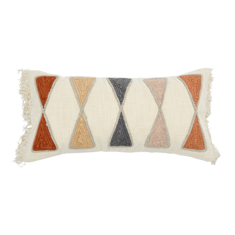 Embroidered Cotton Lumbar Pillow with Fringe, Beige/Gray/Orange/Cream