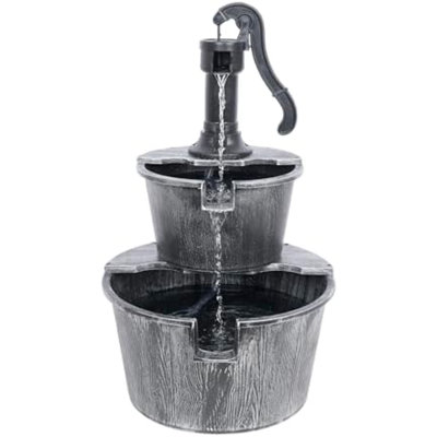 27" Tall Rustic Outdoor 2-Tier Barrel Pump Water Fountain With Soothing Cascading Water Flow For Patio, Yard, Porch, Or Landscape, Gray