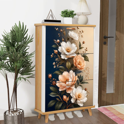 Shoe Storage Cabinet with 3 Flip Drawers for Elegant Floral Arrangement Peony Blooms Gradient Shoe Rack Storage Organizer
