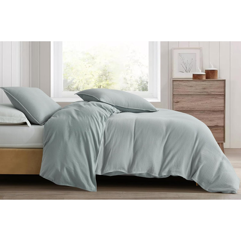 Breeze Cotton Gauze Duvet Cover Set, King Duvet Cover + 2 King Shams, Light Blue/Gray