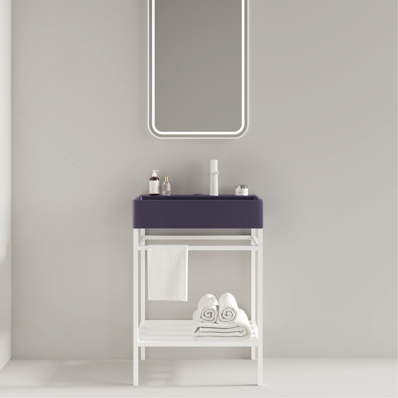 Meuble-lavabo 24 po avec lavabo en céramique, ensemble de lavabo console sur pied, lavabo rectangulaire en céramique brillant sans robinet, pieds en métal ouverts, tablettes de rangement, couleur blanche