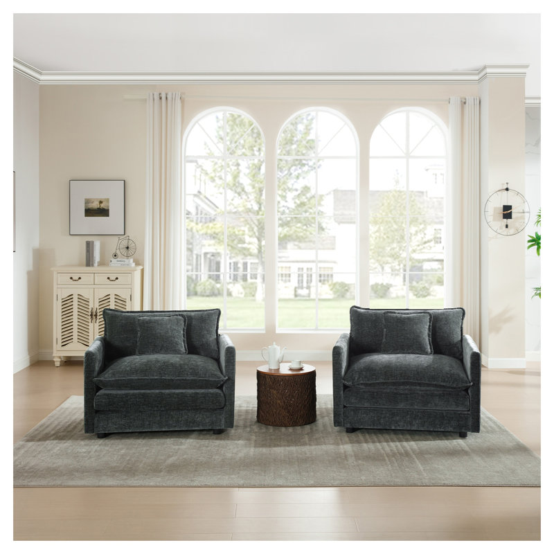Ensemble de 2 fauteuils d'appoint en chenille gris, chaises de salon rembourrées avec coussins décoratifs, Gris