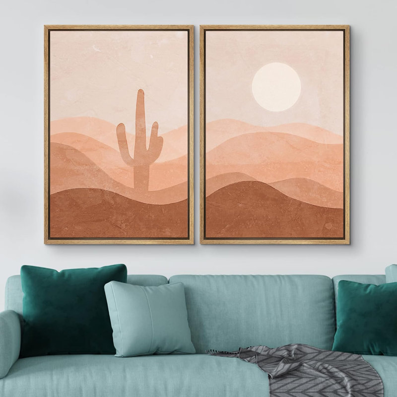 Idea4wall, ensemble d'art mural encadré, cactus, soleil brillant, vallée, paysage, nature sauvage, illustrations, art moderne, bohème, graphique, coloré, chic pour le salon, la chambre à coucher, le bureau