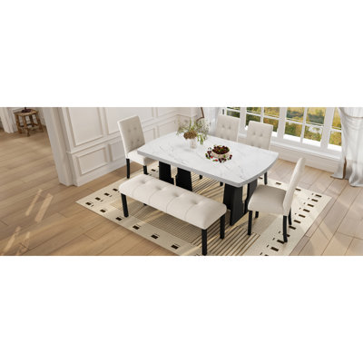 Ensemble de table de salle à manger moderne 6 pièces, table de salle à manger en faux marbre 63 "avec pieds géométriques, 4 chaises rembourrées et 1 banc, facile à assembler, beige et blanc