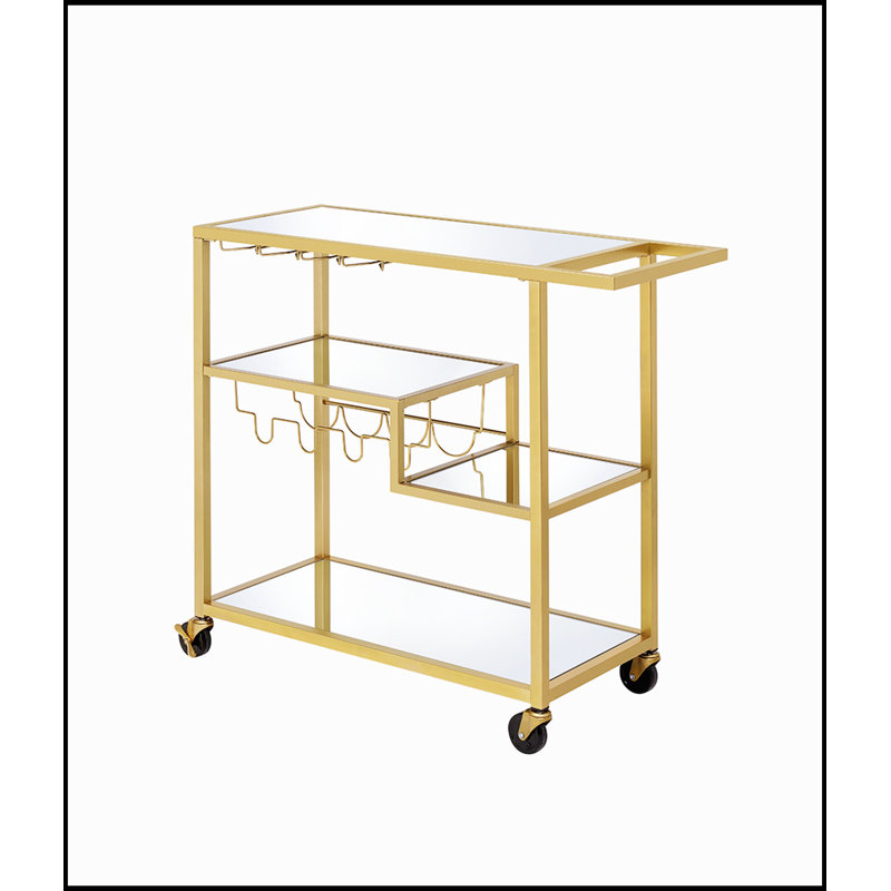 Chariot de service Adamsen avec miroir et finition champagne avec porte-bouteilles et porte-verres à pied, parfait pour les réceptions et un rangement élégant.