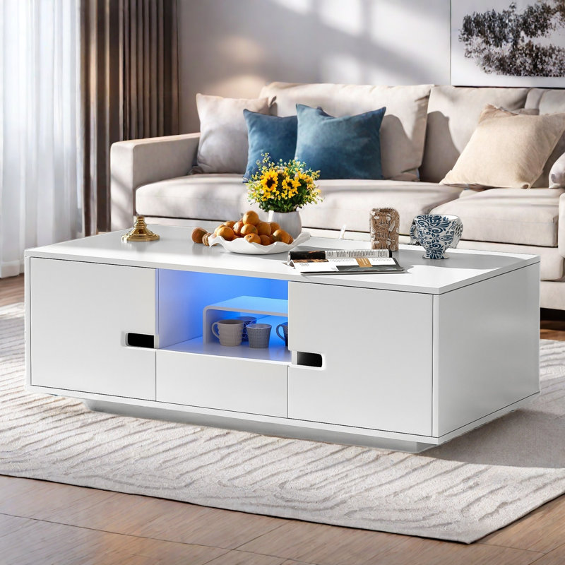 Modern High Glossy Rectangle Coffee Table With 2 Cabinets, One Drawer, 16 Colour Led Lights And An Open Shelf, White