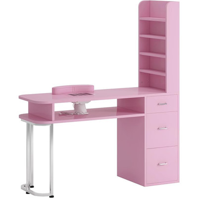 Manicure Table, Professional Nail Table for Nail Tech with Side Cabinet and Large Drawers with Dust Collector and Wrist Cushion, Pink -  TABU, 460043210WTA