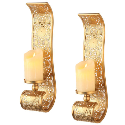 Wall Candle Sconce Set of 2,Candle Sconces,Spanish Baroque Hollow Carving,Gold