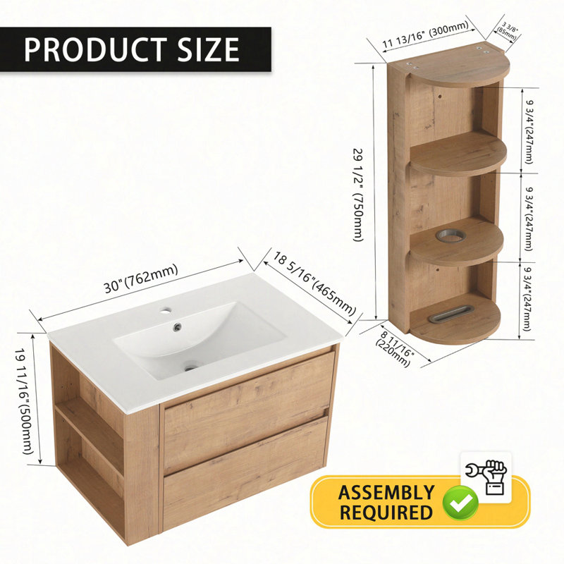 Meuble-lavabo mural 30 po avec lavabo et support de rangement, 2 tiroirs à fermeture en douceur