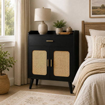 Farmhouse Shoe Cabinet with Drawer, 2 Rattan Doors, Adjustable Shelf & Solid Wood Legs for Entryways