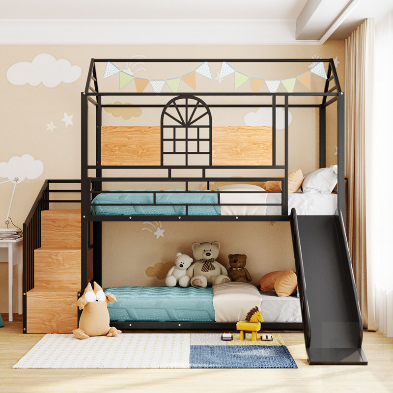 Lit superposé en métal avec toboggan, escalier de rangement et conception de maisonnette pour les chambres d'enfants, Black