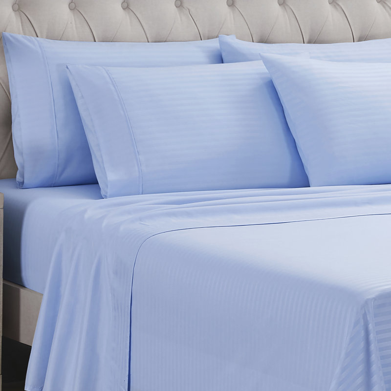 Ensemble de draps 6 pièces Dobby, Ensemble de draps pour lit simple avec deux taies , Rayures bleu clair