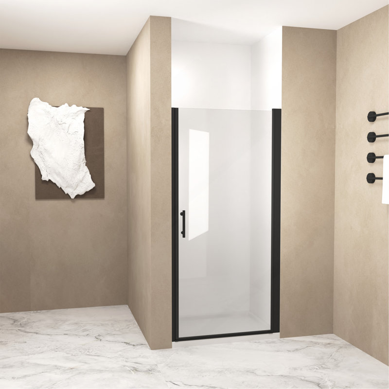 Porte de douche pivotante 30 po x 72 po, cadre en aluminium noir mat, demi-cadre, film en verre trempé anti-déflagrant de 1/4 po (6 mm), poignée en acier inoxydable