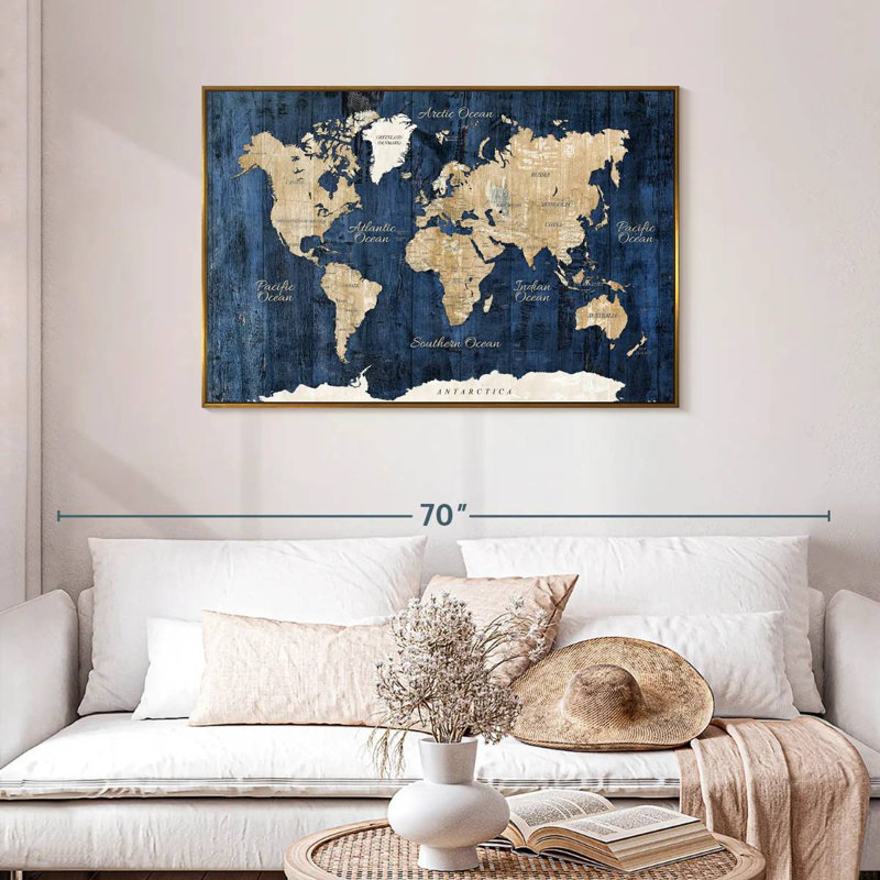 Carte du monde en bois texturé, 43 po x 29 po, Cadre flottant doré