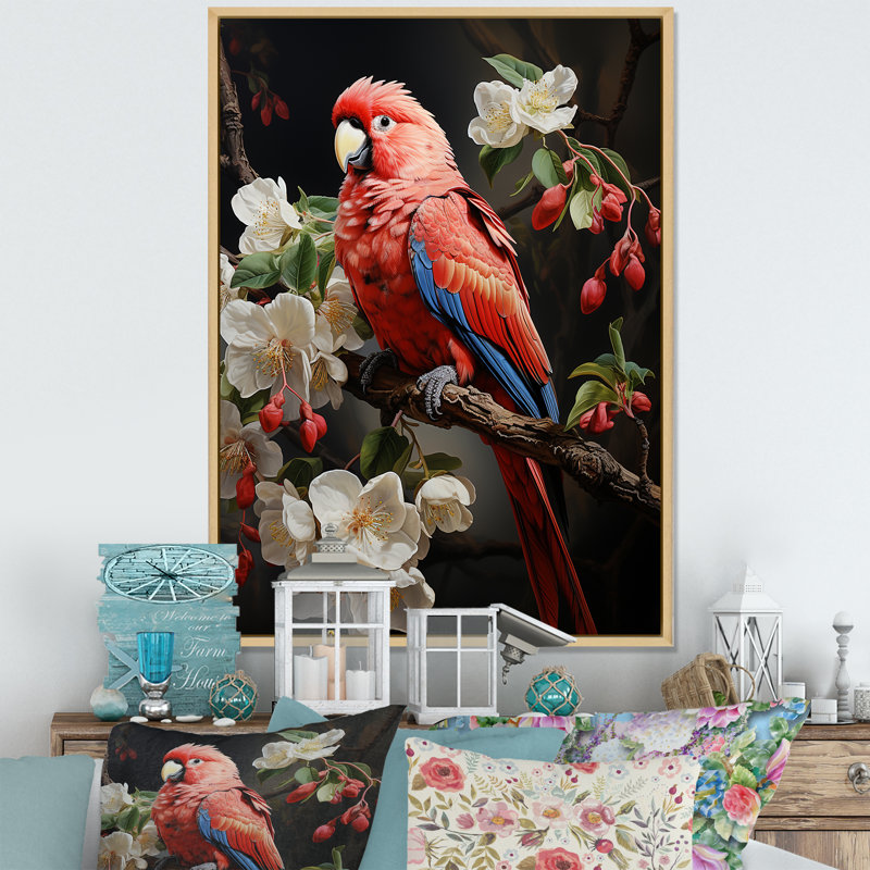 Perroquets rouges, éclat éclatant sur toile, H 44 po x l 34 po x P 1,5 po, Cadre flottant naturel