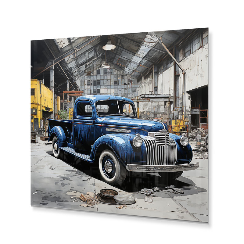 Blue Pickup Truck Industrial Drive II - impression sans cadre sur métal, H 36 po x l 36 po x P 1 po