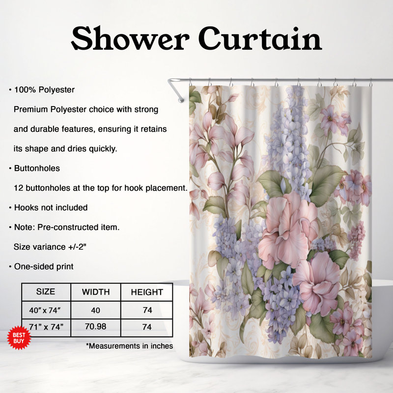 Chic Blooms - Rideau de douche standard 1 pièce, 74"H x 71"W