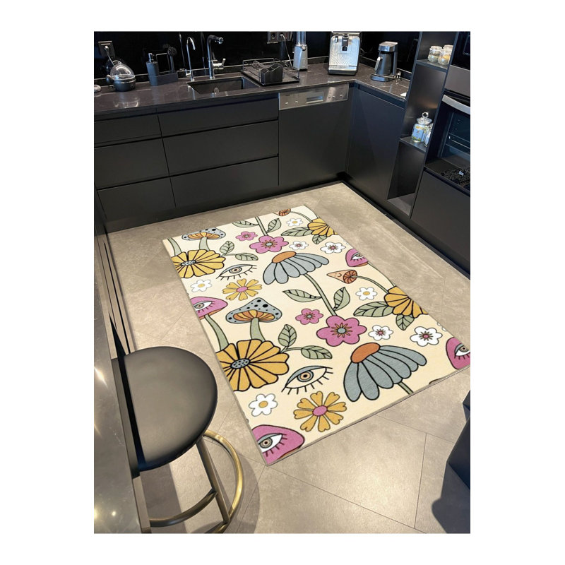 Tapis décoratif lavable à la machine beige et beige, Rectangle 4 pi 7 po x 6 pi 7 po