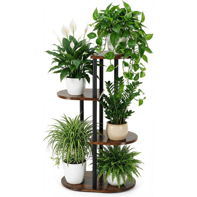 Étagère à plantes d'intérieur à 4 niveaux, haute, en bois, pour 5 pots de fleurs et plusieurs plantes, support à plantes d'angle en métal, brun rustique