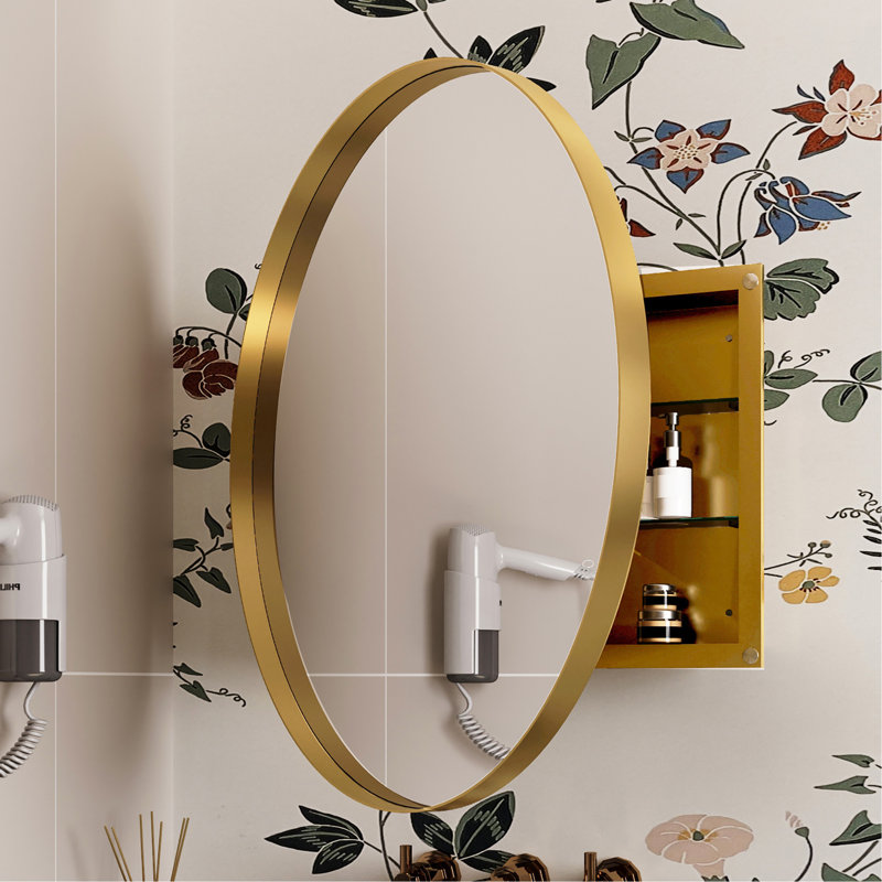 Armoire à pharmacie ronde avec cadre réglable en métal 31,5 pouces avec miroir et tablettes réglables