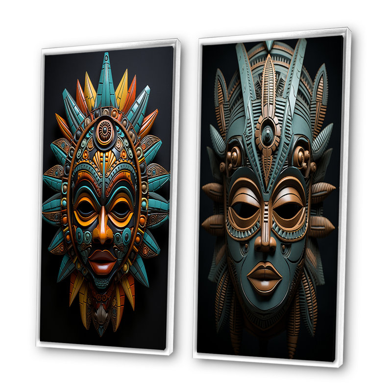 "Masque tribal africain", 2 pièces sur toile, H 32 po x l 32 po, Cadre blanc