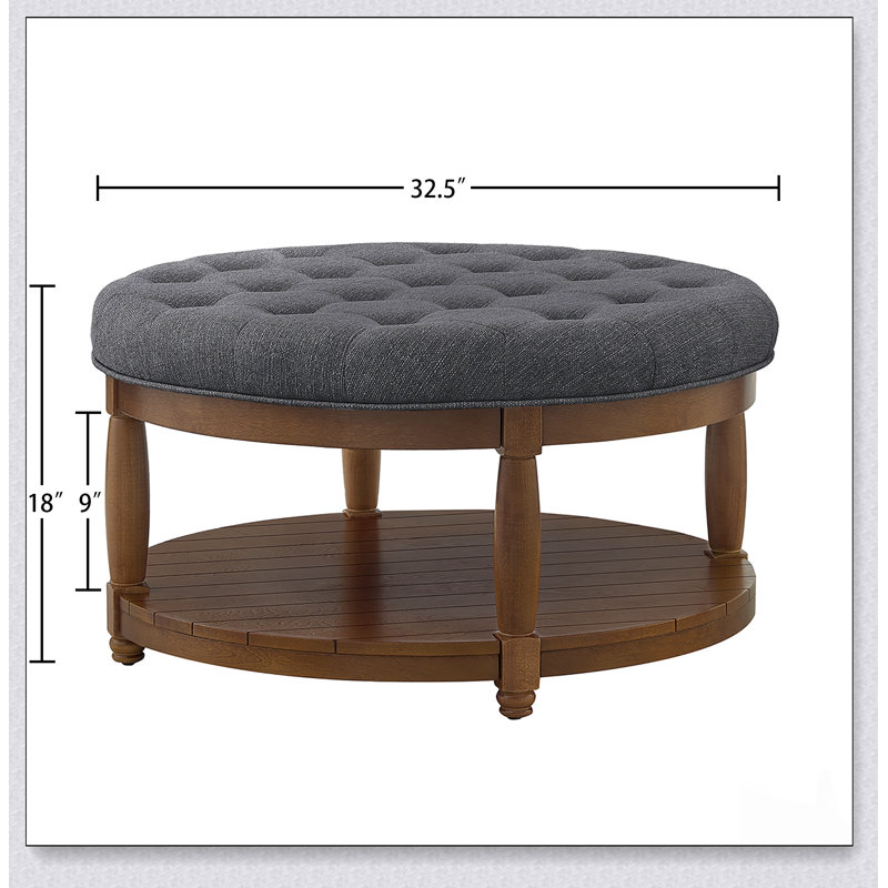 Grande table basse ronde avec repose-pieds rembourré en lin capitonné, parfaite pour une utilisation intérieure et extérieure avec tablette en bois massif