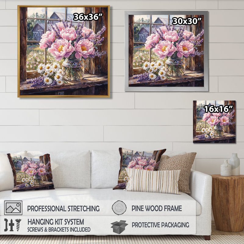 «Blush Peony and Lavender Mix III - Assortiment de bouquets», Reproduction encadrée d'une seule photo sans pass, Doré