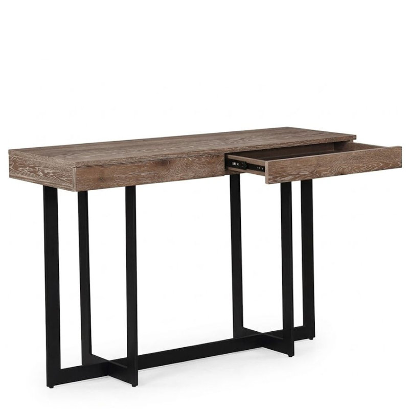 Kaitosi 47 In. Gray Wash/Sand Black Rectangular Wood Console Table With Drawer And Metal Legs