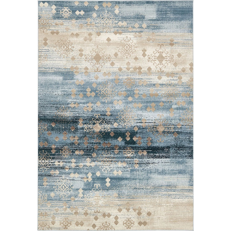 Tapis bleu tissé à la machine Juno, Rectangle 5 pi x 8 pi