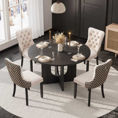 Wooden Farmhouse Dining Table Set, Round Dining Table with Tufted Velvet Dining Chair for Dining Room