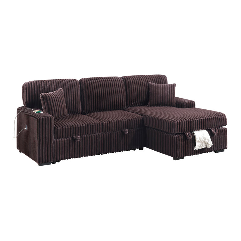 Modern Style 2Pc Convertible Sectional Pull Out Sofa Fold Down Table Cup Holder Usb Port Storage Chaise Matching Pillow Primary Living Room