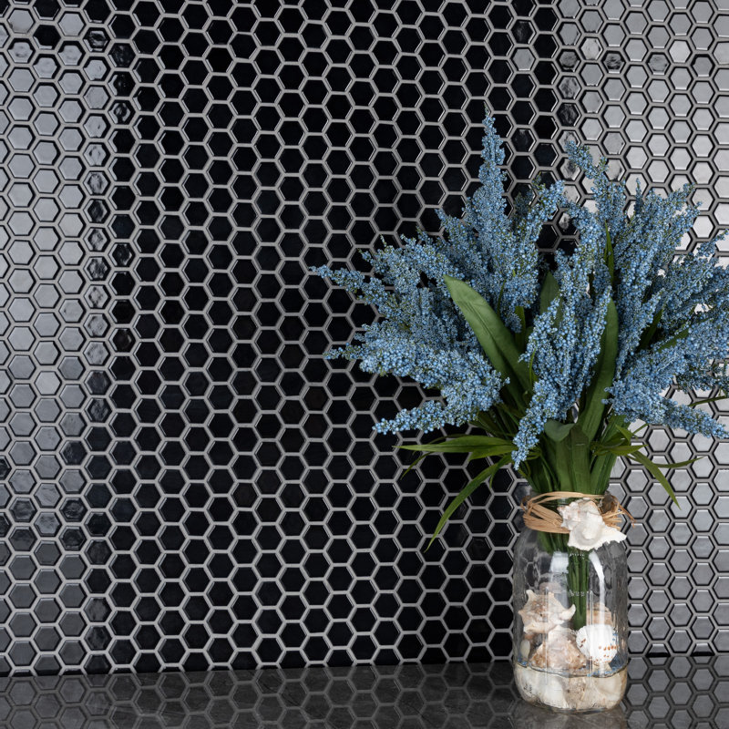 Metro 1" Hex Glossy Black 10-1/4 in. x 11-7/8 in. Porcelain Mosaic Tile