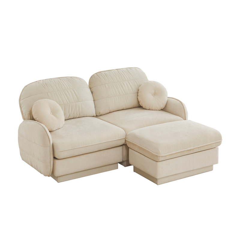 Canapé modulaire en L avec causeuse en chenille crème beige et repose-pieds, Chenille crème