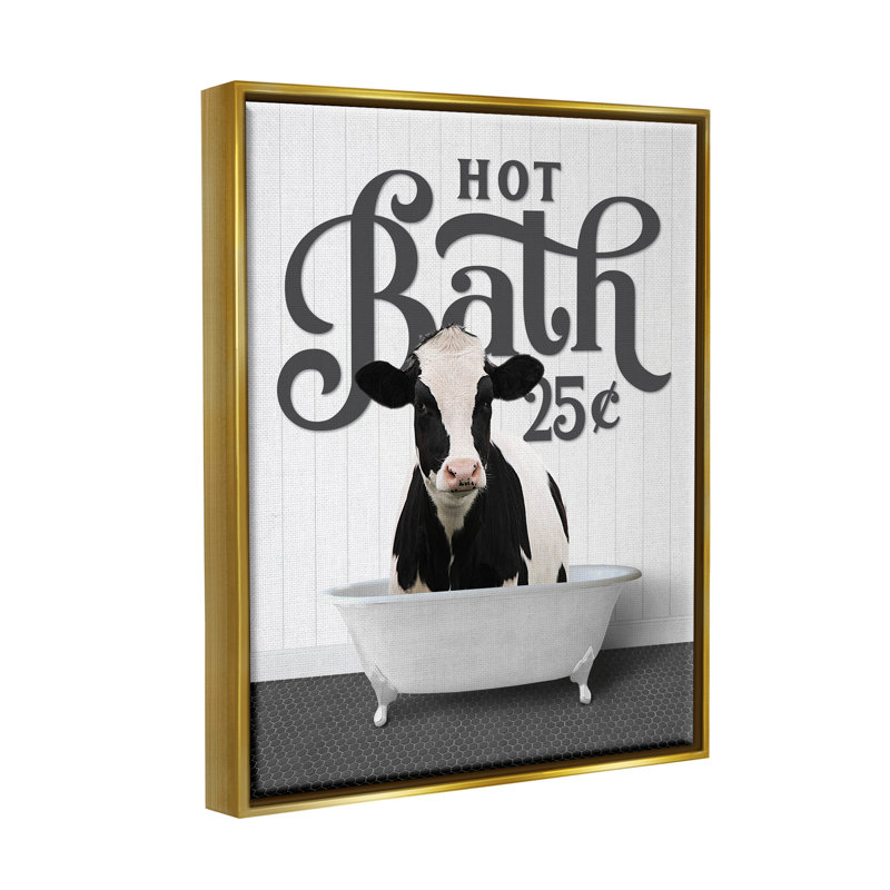 «Vintage Hot Bath Cow», art mural sur toile flottante par lettré et doublé, Cadre flottant métallique doré