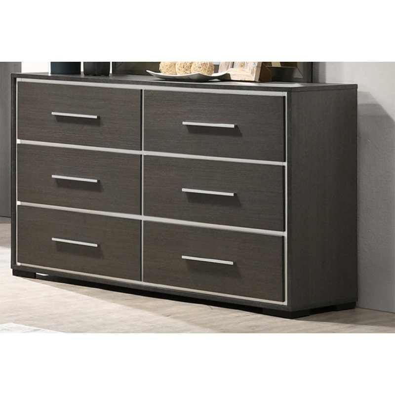 Commode contemporaine à 6 tiroirs en bois avec accents chromés, finition rustique pour le rangement de chambre à coucher moderne