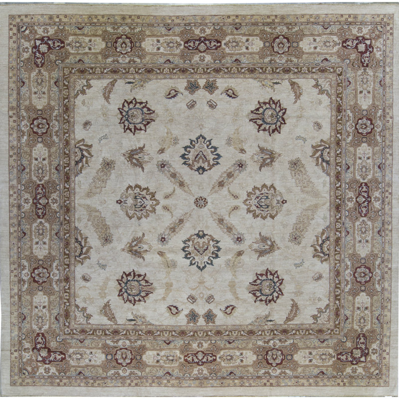 Tapis carré argent et brun de haute qualité noué à la main