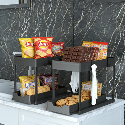 2-Pack Under Sink Organizer With Sliding Basket, 2-Tier, Black For Bathroom And Kitchen
