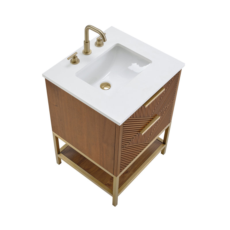 Diamond 24 in. Single Vanity, White Quartz, Walnut, Satin Brass
