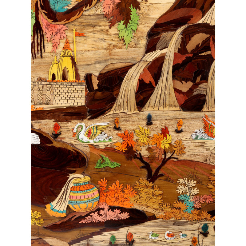 Handcrafted 72-Inch "Riverside Romance" Radha Krishna 3D Mysore Wood Inlay Art