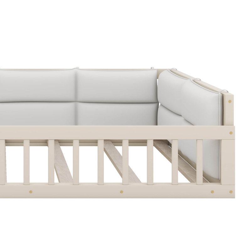 Maily Wood Full Size Upholstered Platform Bed with Guardrail and Pillow, Beige