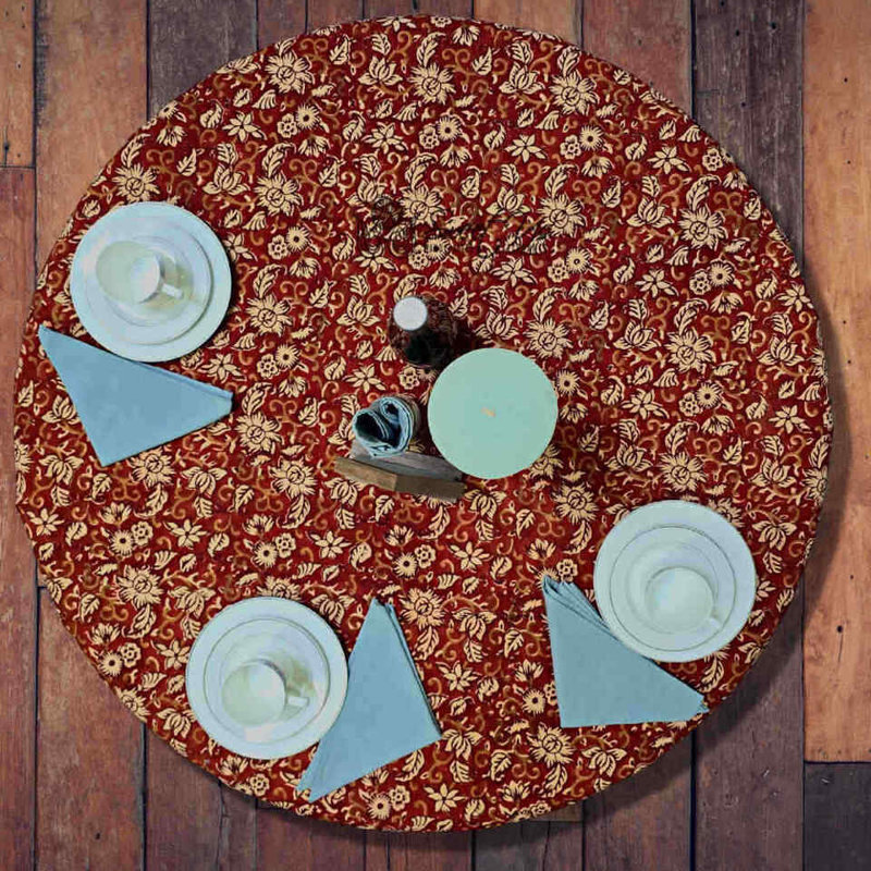 Floral Cotton Block Print Round Tablecloth, Round 72"