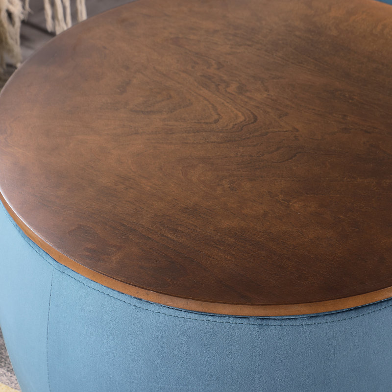 Velours bleu 2 en 1 rond avec rangement, repose-pieds carré et table basse pour la maison, réversible comme surface de jeu, peu encombrant et pré-assemblé