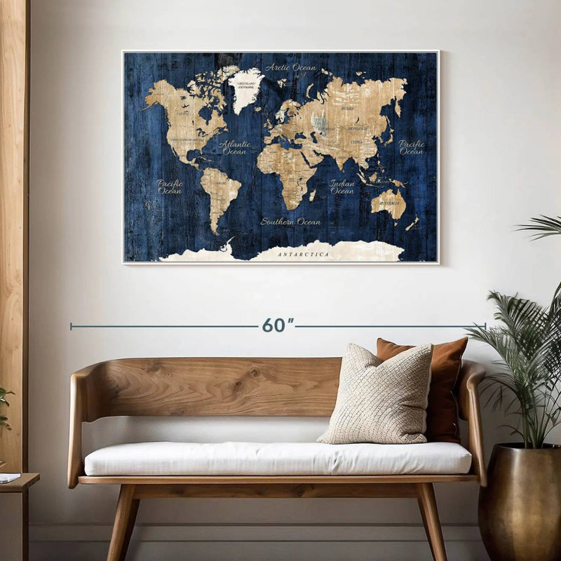 Carte du monde en bois texturé, Cadre flottant blanc, 46 po x 31 po