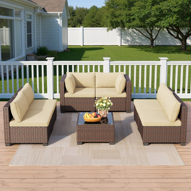 7-Piece Silverts Rattan Patio Set: Slanted Backrest, Weather-Resistant Frame & Cushions, Beige Cushion