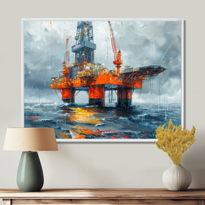Grey Orange Summer Oil Rig In Ocean - Oil Rigs / Fields Wall Art