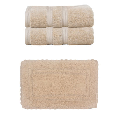 Colson 100% Soft Cotton 2 Pc Bath Towel Set & 1 Pc 21x34" Bath Rug, (Set of 3), Ivory